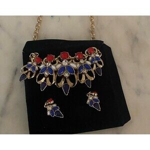Avon Ms. Patriotic Red White Blue Rhinestones 19" Necklace Earring Set NOS